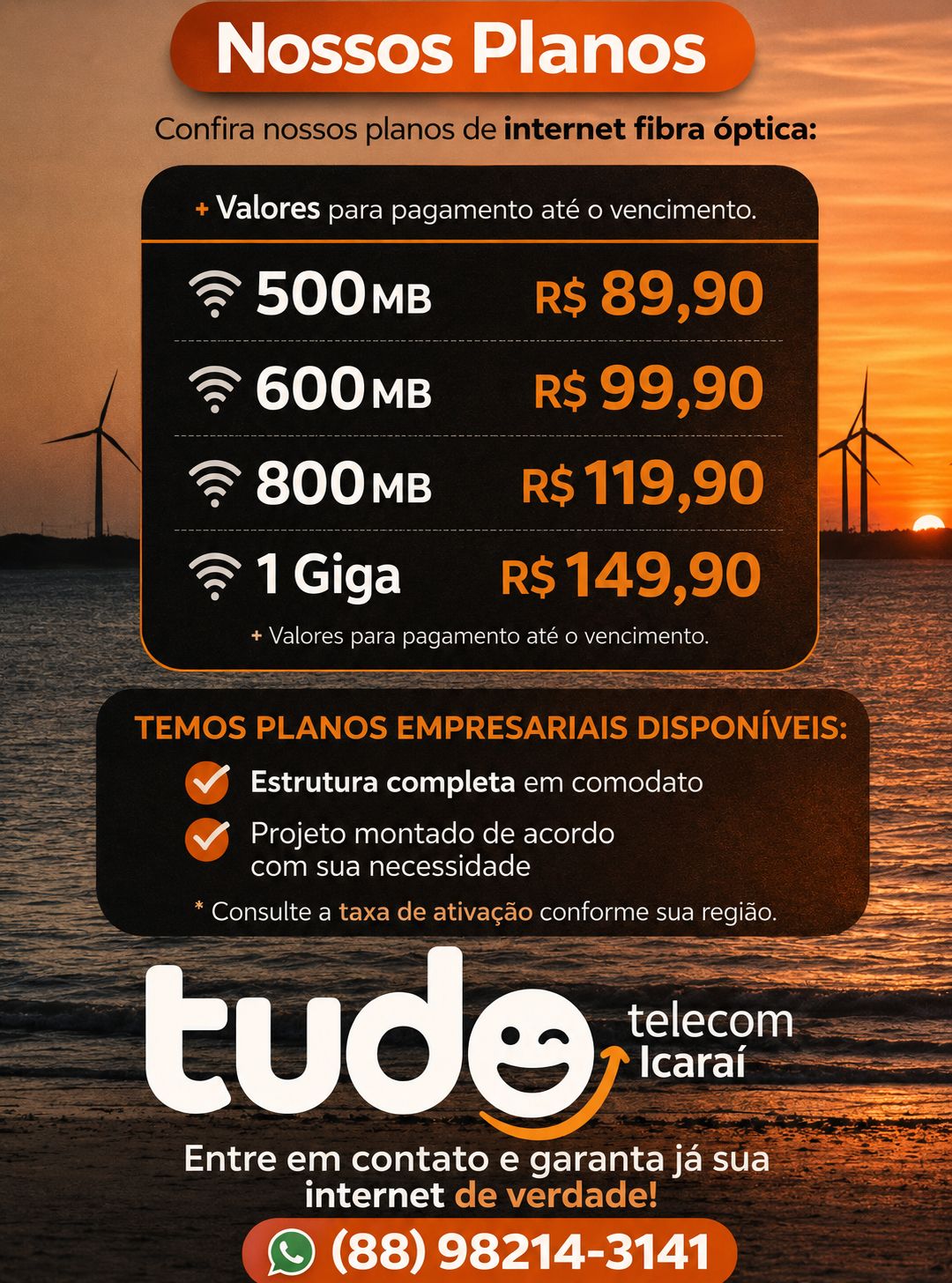 Tabela de planos da Tudo Telecom Icaraí